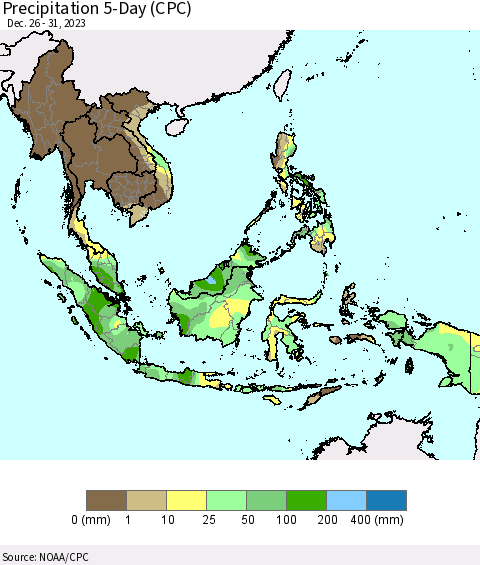 South East Asia Precipitation 5-Day (CPC) Thematic Map For 12/26/2023 - 12/31/2023