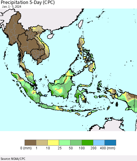 South East Asia Precipitation 5-Day (CPC) Thematic Map For 1/1/2024 - 1/5/2024