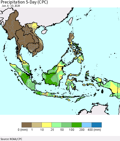 South East Asia Precipitation 5-Day (CPC) Thematic Map For 1/6/2024 - 1/10/2024