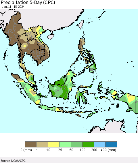 South East Asia Precipitation 5-Day (CPC) Thematic Map For 1/11/2024 - 1/15/2024