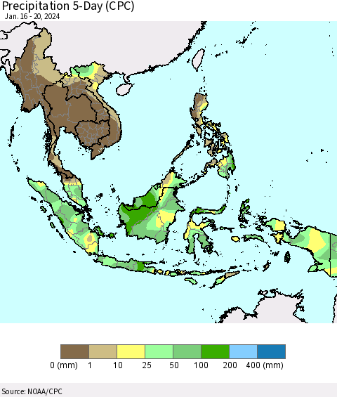 South East Asia Precipitation 5-Day (CPC) Thematic Map For 1/16/2024 - 1/20/2024