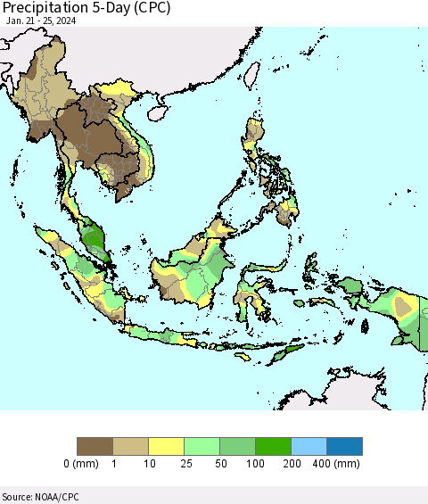 South East Asia Precipitation 5-Day (CPC) Thematic Map For 1/21/2024 - 1/25/2024