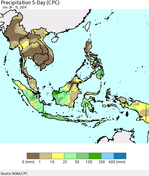 South East Asia Precipitation 5-Day (CPC) Thematic Map For 1/26/2024 - 1/31/2024