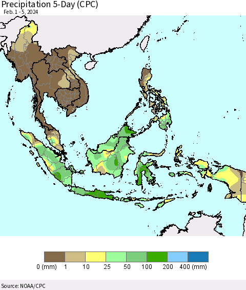 South East Asia Precipitation 5-Day (CPC) Thematic Map For 2/1/2024 - 2/5/2024