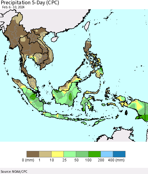 South East Asia Precipitation 5-Day (CPC) Thematic Map For 2/6/2024 - 2/10/2024
