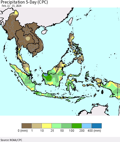 South East Asia Precipitation 5-Day (CPC) Thematic Map For 2/11/2024 - 2/15/2024