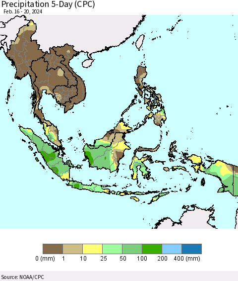 South East Asia Precipitation 5-Day (CPC) Thematic Map For 2/16/2024 - 2/20/2024