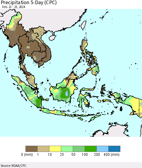 South East Asia Precipitation 5-Day (CPC) Thematic Map For 2/21/2024 - 2/25/2024