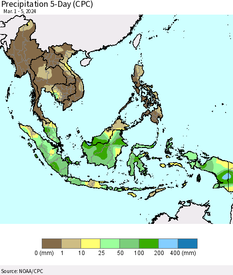 South East Asia Precipitation 5-Day (CPC) Thematic Map For 3/1/2024 - 3/5/2024
