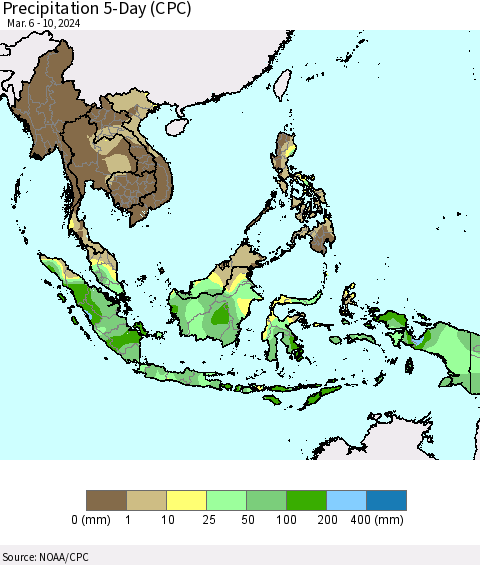 South East Asia Precipitation 5-Day (CPC) Thematic Map For 3/6/2024 - 3/10/2024