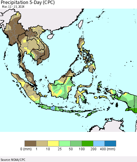 South East Asia Precipitation 5-Day (CPC) Thematic Map For 3/11/2024 - 3/15/2024
