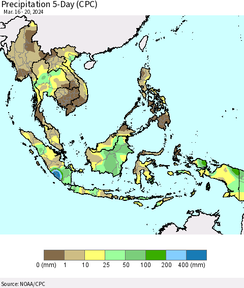 South East Asia Precipitation 5-Day (CPC) Thematic Map For 3/16/2024 - 3/20/2024