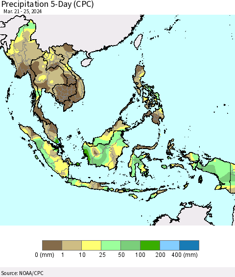 South East Asia Precipitation 5-Day (CPC) Thematic Map For 3/21/2024 - 3/25/2024