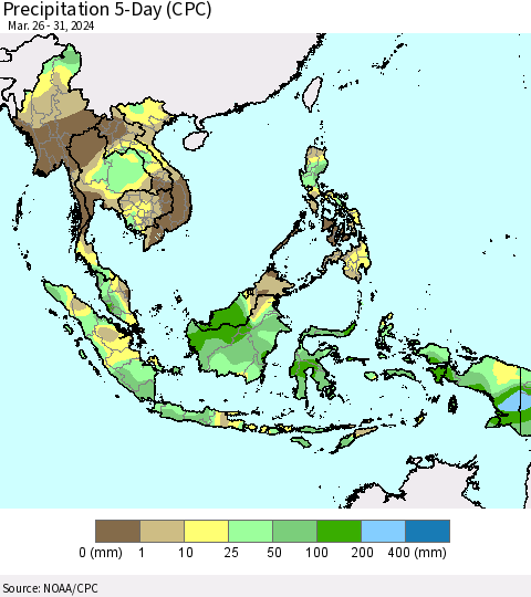 South East Asia Precipitation 5-Day (CPC) Thematic Map For 3/26/2024 - 3/31/2024