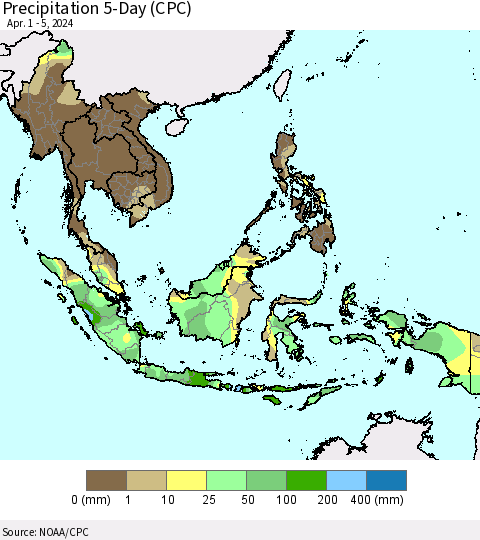 South East Asia Precipitation 5-Day (CPC) Thematic Map For 4/1/2024 - 4/5/2024