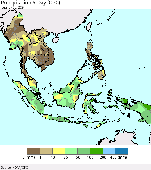 South East Asia Precipitation 5-Day (CPC) Thematic Map For 4/6/2024 - 4/10/2024