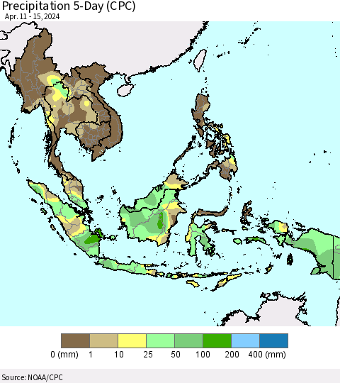 South East Asia Precipitation 5-Day (CPC) Thematic Map For 4/11/2024 - 4/15/2024