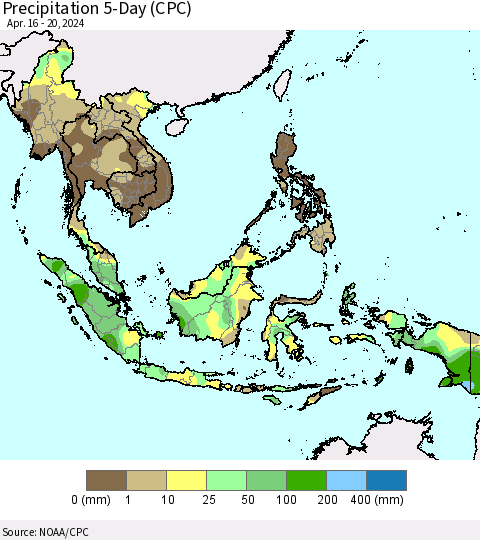 South East Asia Precipitation 5-Day (CPC) Thematic Map For 4/16/2024 - 4/20/2024