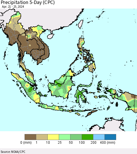 South East Asia Precipitation 5-Day (CPC) Thematic Map For 4/21/2024 - 4/25/2024