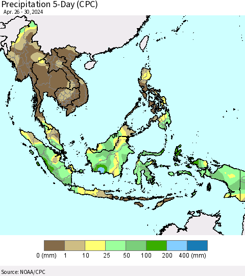 South East Asia Precipitation 5-Day (CPC) Thematic Map For 4/26/2024 - 4/30/2024