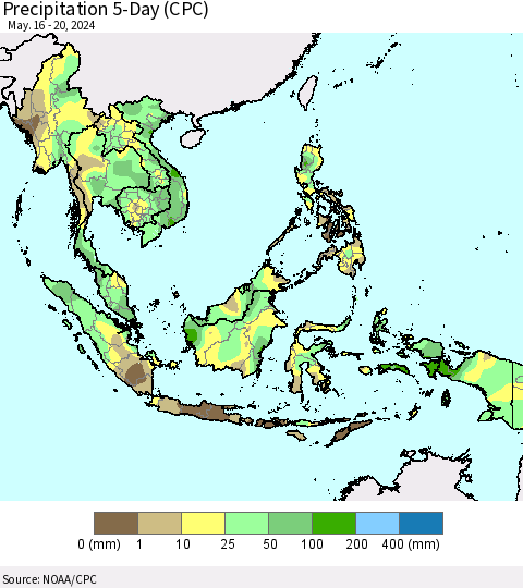 South East Asia Precipitation 5-Day (CPC) Thematic Map For 5/16/2024 - 5/20/2024