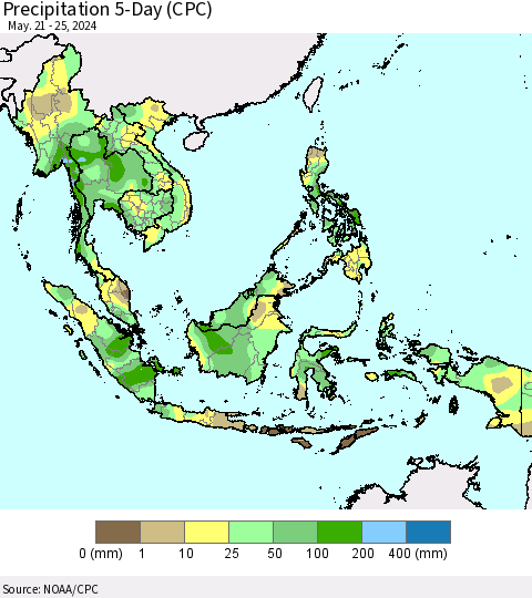 South East Asia Precipitation 5-Day (CPC) Thematic Map For 5/21/2024 - 5/25/2024
