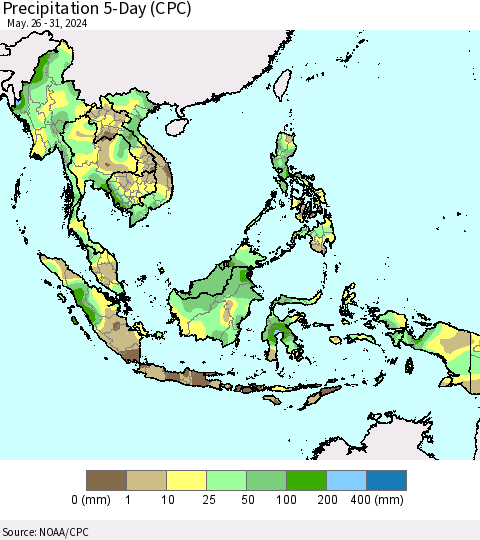 South East Asia Precipitation 5-Day (CPC) Thematic Map For 5/26/2024 - 5/31/2024