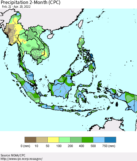 South East Asia Precipitation 2-Month (CPC) Thematic Map For 2/21/2022 - 4/20/2022