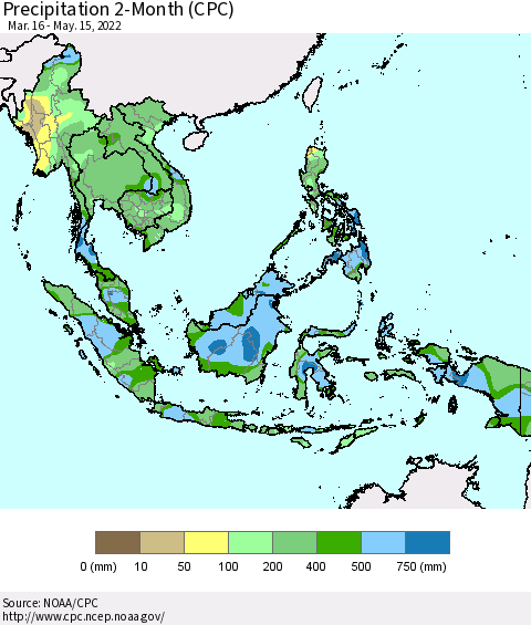 South East Asia Precipitation 2-Month (CPC) Thematic Map For 3/16/2022 - 5/15/2022