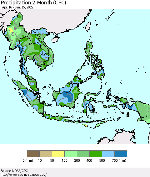 South East Asia Precipitation 2-Month (CPC) Thematic Map For 4/16/2022 - 6/15/2022