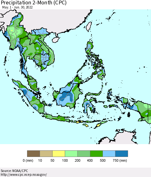 South East Asia Precipitation 2-Month (CPC) Thematic Map For 5/1/2022 - 6/30/2022