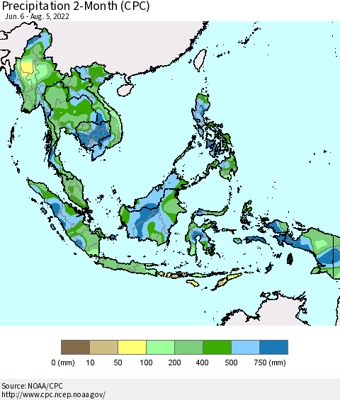 South East Asia Precipitation 2-Month (CPC) Thematic Map For 6/6/2022 - 8/5/2022