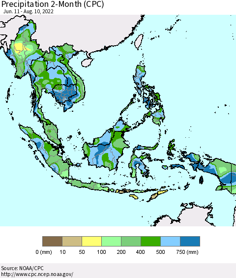 South East Asia Precipitation 2-Month (CPC) Thematic Map For 6/11/2022 - 8/10/2022
