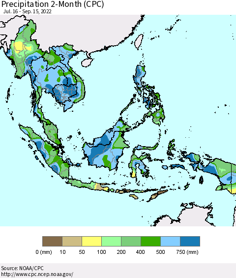South East Asia Precipitation 2-Month (CPC) Thematic Map For 7/16/2022 - 9/15/2022