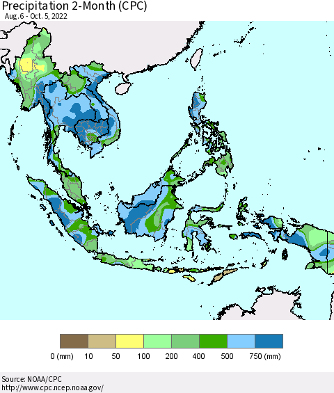 South East Asia Precipitation 2-Month (CPC) Thematic Map For 8/6/2022 - 10/5/2022