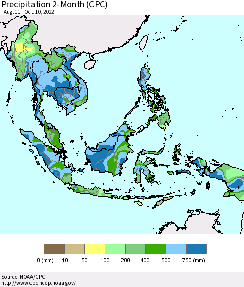 South East Asia Precipitation 2-Month (CPC) Thematic Map For 8/11/2022 - 10/10/2022
