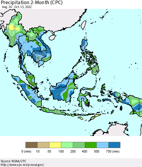 South East Asia Precipitation 2-Month (CPC) Thematic Map For 8/16/2022 - 10/15/2022