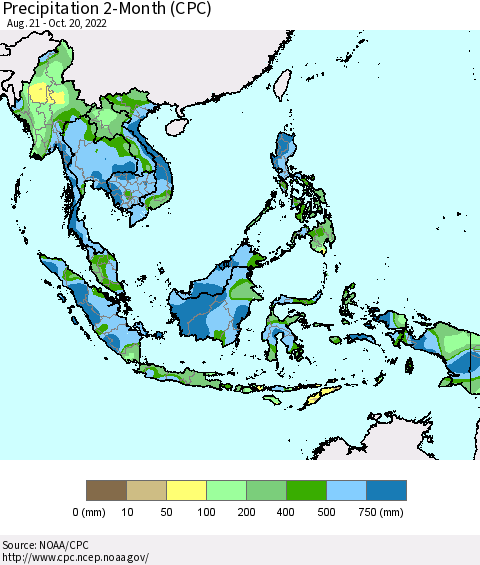South East Asia Precipitation 2-Month (CPC) Thematic Map For 8/21/2022 - 10/20/2022