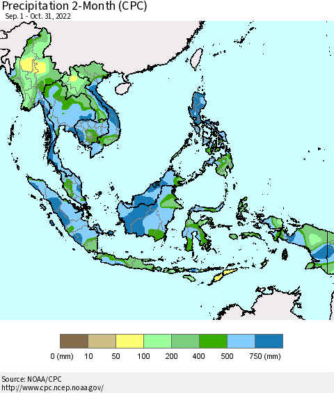 South East Asia Precipitation 2-Month (CPC) Thematic Map For 9/1/2022 - 10/31/2022
