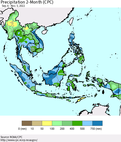 South East Asia Precipitation 2-Month (CPC) Thematic Map For 9/6/2022 - 11/5/2022