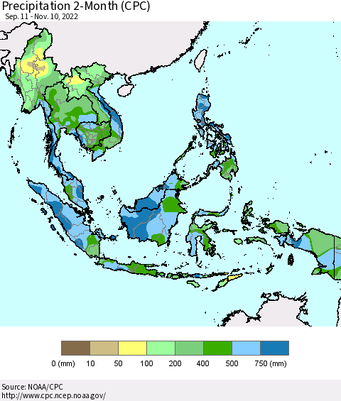 South East Asia Precipitation 2-Month (CPC) Thematic Map For 9/11/2022 - 11/10/2022