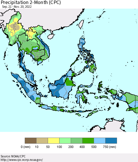 South East Asia Precipitation 2-Month (CPC) Thematic Map For 9/21/2022 - 11/20/2022