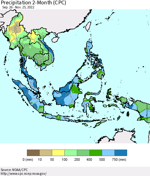South East Asia Precipitation 2-Month (CPC) Thematic Map For 9/26/2022 - 11/25/2022