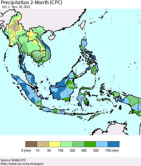 South East Asia Precipitation 2-Month (CPC) Thematic Map For 10/1/2022 - 11/30/2022