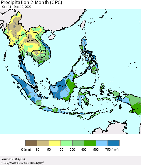 South East Asia Precipitation 2-Month (CPC) Thematic Map For 10/11/2022 - 12/10/2022