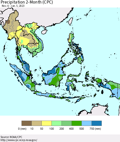 South East Asia Precipitation 2-Month (CPC) Thematic Map For 11/6/2022 - 1/5/2023