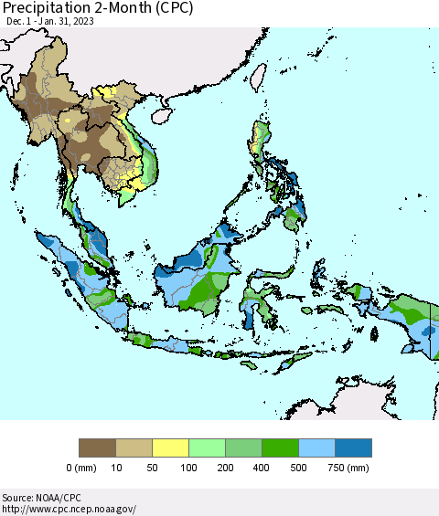 South East Asia Precipitation 2-Month (CPC) Thematic Map For 12/1/2022 - 1/31/2023