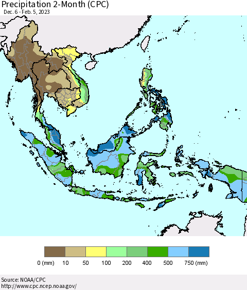 South East Asia Precipitation 2-Month (CPC) Thematic Map For 12/6/2022 - 2/5/2023