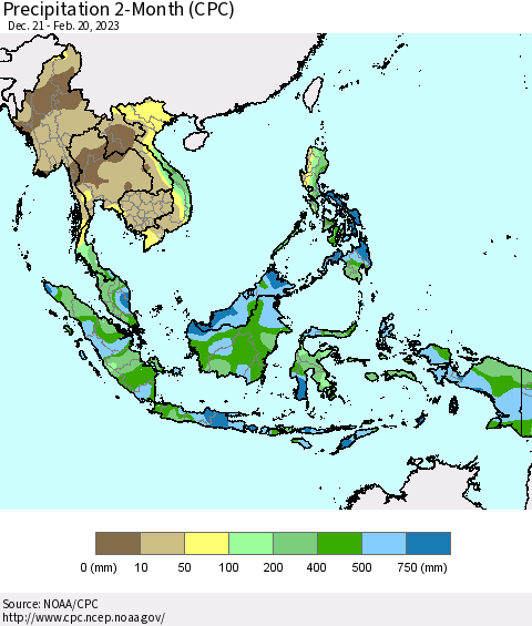 South East Asia Precipitation 2-Month (CPC) Thematic Map For 12/21/2022 - 2/20/2023
