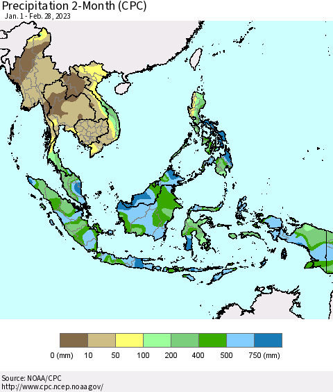 South East Asia Precipitation 2-Month (CPC) Thematic Map For 1/1/2023 - 2/28/2023